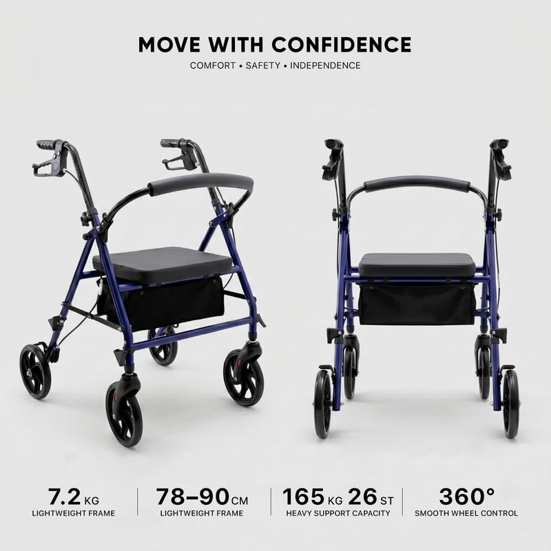 VED Lightweight Folding Rollator Walker with Seat, 4 Wheels, Brakes & Storage Bag – Mobility Aid for Seniors & Adults – Height Adjustable, Compact & Portable - Image 2
