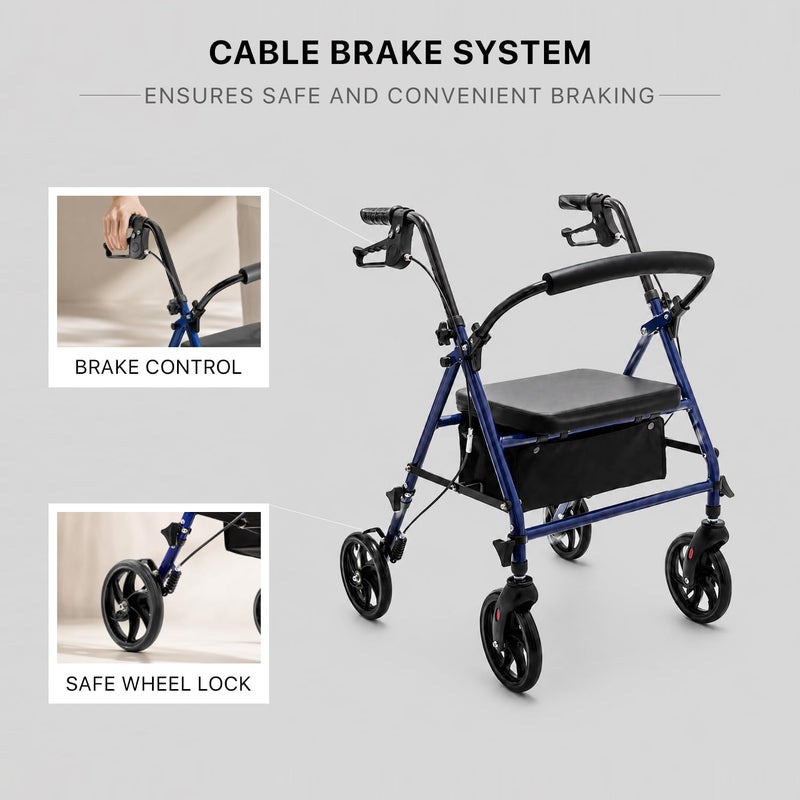 VED Lightweight Folding Rollator Walker with Seat, 4 Wheels, Brakes & Storage Bag – Mobility Aid for Seniors & Adults – Height Adjustable, Compact & Portable - Image 3