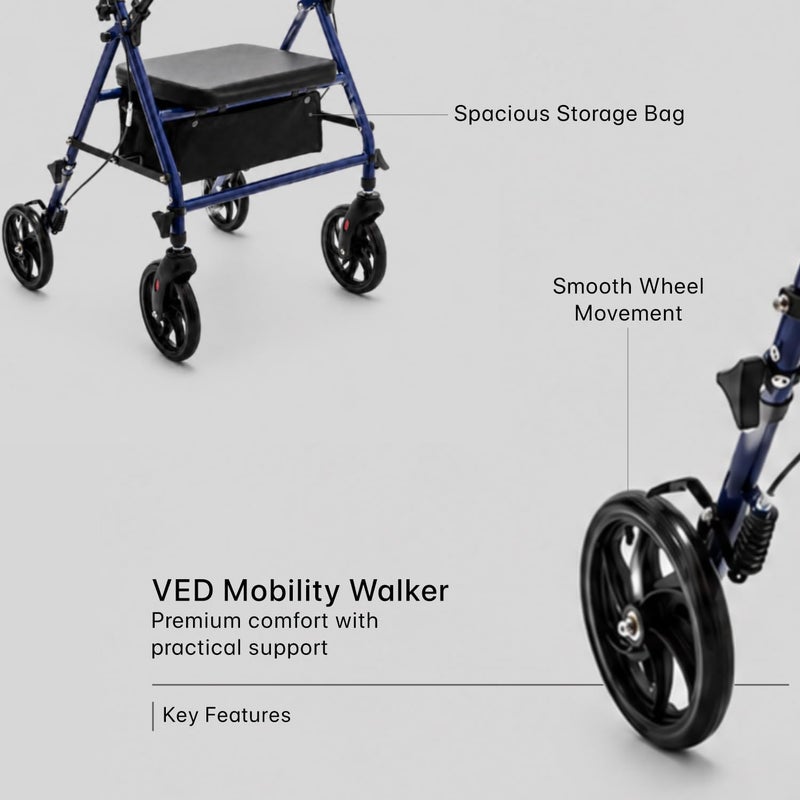 VED Lightweight Folding Rollator Walker with Seat, 4 Wheels, Brakes & Storage Bag – Mobility Aid for Seniors & Adults – Height Adjustable, Compact & Portable - Image 5