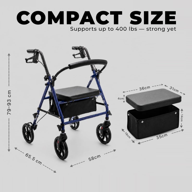VED Lightweight Folding Rollator Walker with Seat, 4 Wheels, Brakes & Storage Bag – Mobility Aid for Seniors & Adults – Height Adjustable, Compact & Portable - Image 4