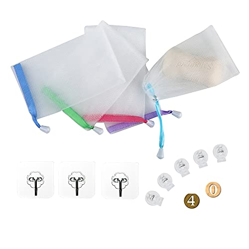 QDXATIVP 40PCS Exfoliating Soap Mesh Saver Pouch Bag and 3 PCS Transparent Hook and 5 PCS Transparent Spring Cord Plastic Lock for Shower Face WashingEasy to Bubble and Store Small Soap