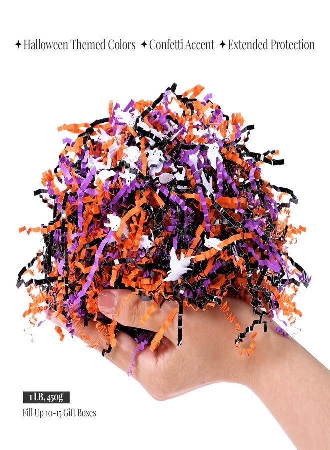 PAPER FAIR 1LB Halloween Metallic Black Orange Purple Crinkle Cut Paper with Ghost Confetti, Trick or Treat Candy Gift Basket Box Shredded Paper Raffia Filler, Craft Bedding Cushion, Birthday Party - Image 2