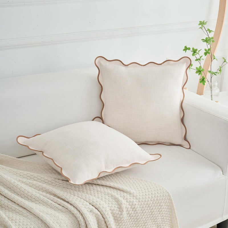 Mayler Yee Scalloped Throw Pillow Covers Set of 2 for Living Room  Soft Cotton & Cozy Linen  Boho Sytle Decorative Home (Beige & Khaki  20x20 Inch) - Image 3