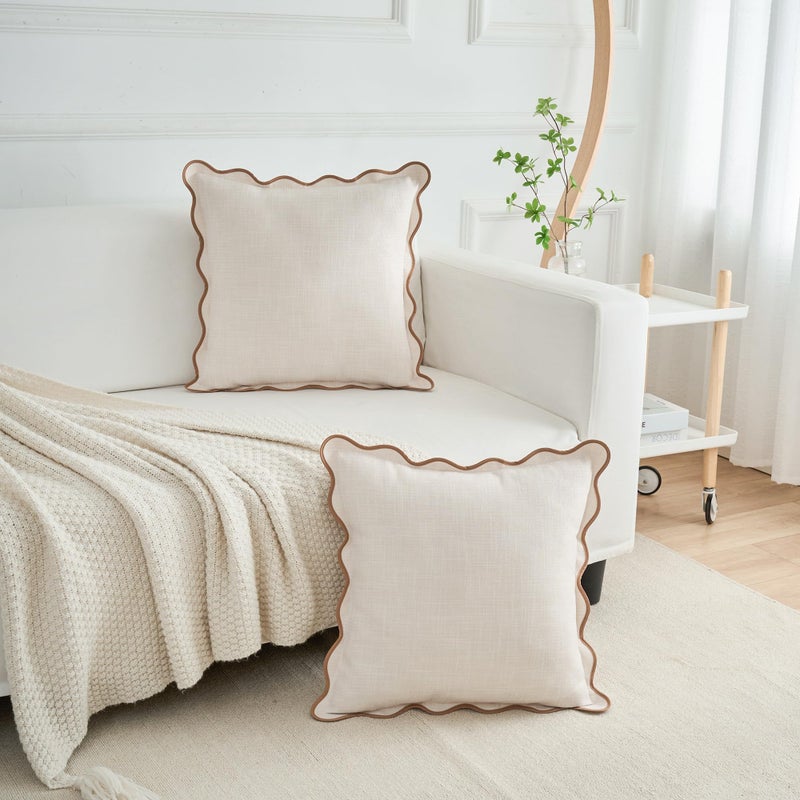 Mayler Yee Scalloped Throw Pillow Covers Set of 2 for Living Room  Soft Cotton & Cozy Linen  Boho Sytle Decorative Home (Beige & Khaki  20x20 Inch) - Image 4