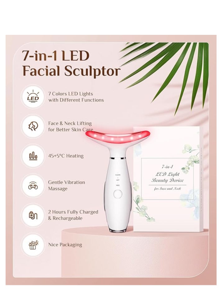 إسكدنيا مدلك للوجه، 7 ألوان علاج بالضوء الأحمر للوجه والرقبة للتجاعيد والذقن المزدوجة، مدلك للوجه بالاهتزاز مع حراري أبيض - Image 3