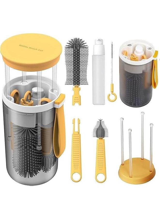 HOOKOR Travel Baby Bottle Brush Set with Extendable Liquid Silicone Bottle Brush，Nipple Brush，Built-in Bottle Drying Rack，Straw Cleaner Brush，Baby Bottle Soap Dispenser，Bottle Warmer (Yellow)  - Image 1