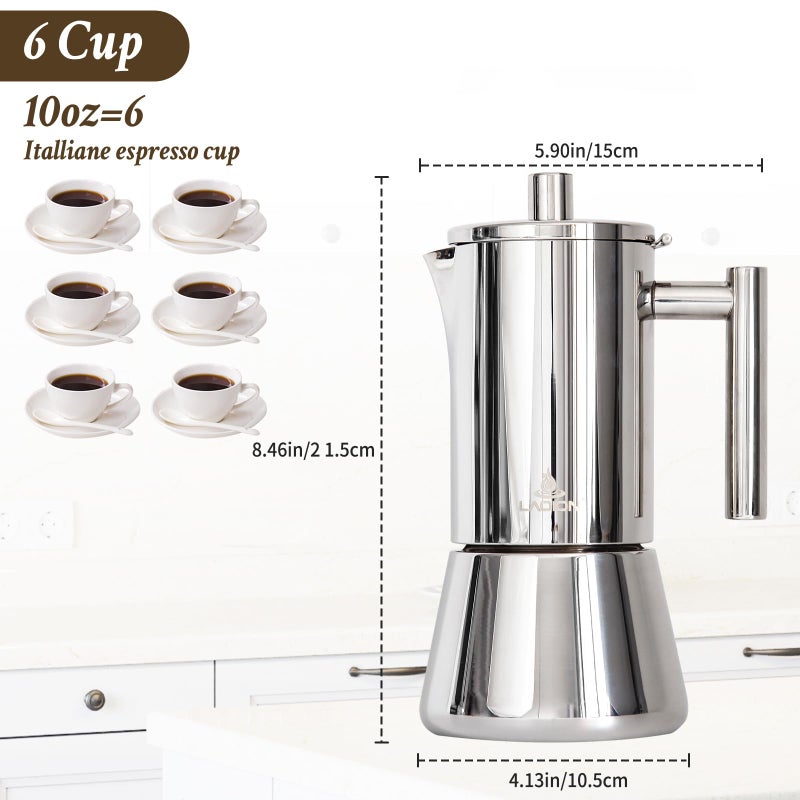 LAOION Stovetop Espresso Maker, 6Cup 10 oz Moka Pot, Stainless Steel Cuban and Italian Coffee Maker for Cafetera Cubana, Greca De Cafe Induction Stovetop Compatible, Coffee Gift for Home Travel - Image 2