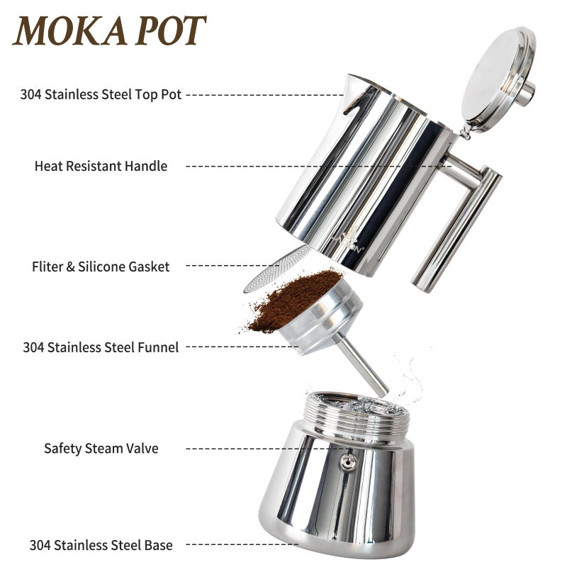 LAOION Stovetop Espresso Maker, 6Cup 10 oz Moka Pot, Stainless Steel Cuban and Italian Coffee Maker for Cafetera Cubana, Greca De Cafe Induction Stovetop Compatible, Coffee Gift for Home Travel - Image 3