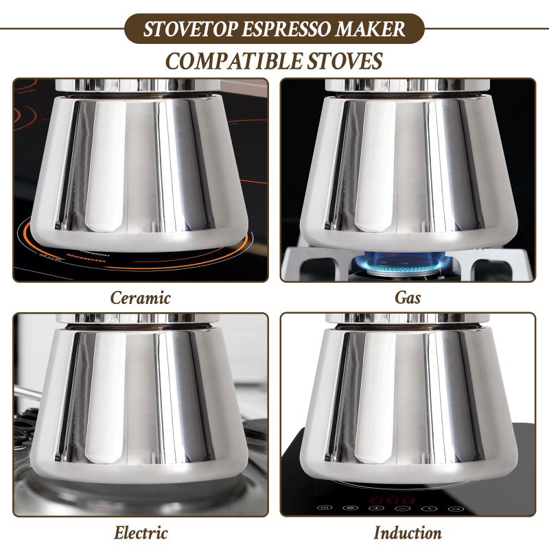 LAOION Stovetop Espresso Maker, 6Cup 10 oz Moka Pot, Stainless Steel Cuban and Italian Coffee Maker for Cafetera Cubana, Greca De Cafe Induction Stovetop Compatible, Coffee Gift for Home Travel - Image 4