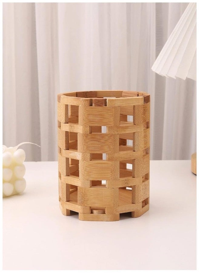 GLOWICK Bamboo Polygonal Hollow Creative Pen Holder - Organize All The Pens, Pencils, markers, And Make The Desktop Study - Round Wooden Pen Holder (1Pcs)
