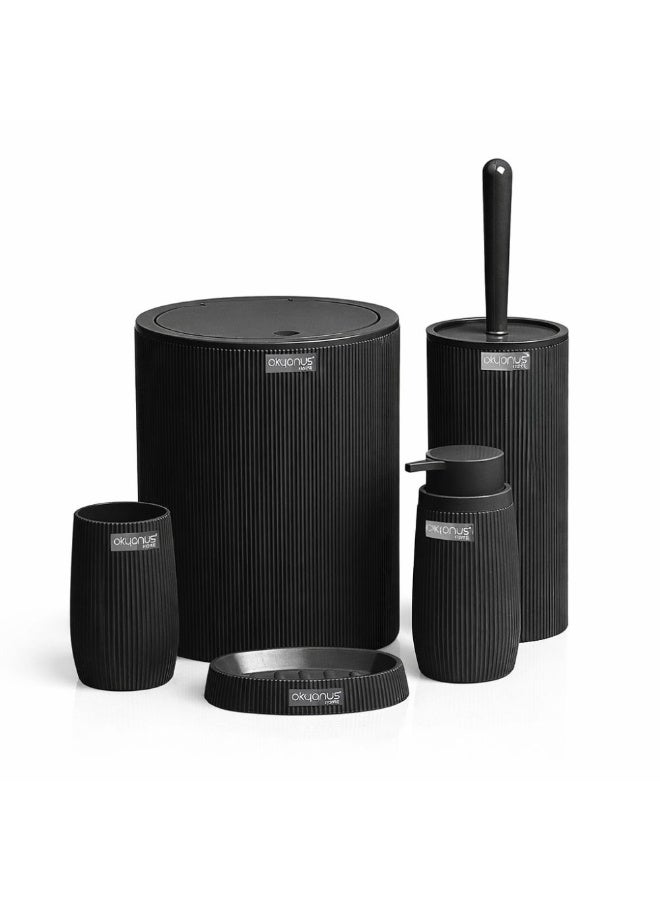 Okyanus Bella 5-Piece Bathroom Accessories Set – Modern Ribbed Design with Plastic Accents – Durable Easy-Clean Bathroom Set with Trash Can, Soap Dispensers & Toilet Brush (Black) - Image 1