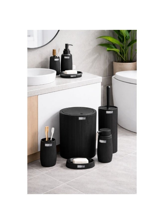 Okyanus Bella 5-Piece Bathroom Accessories Set – Modern Ribbed Design with Plastic Accents – Durable Easy-Clean Bathroom Set with Trash Can, Soap Dispensers & Toilet Brush (Black) - Image 2