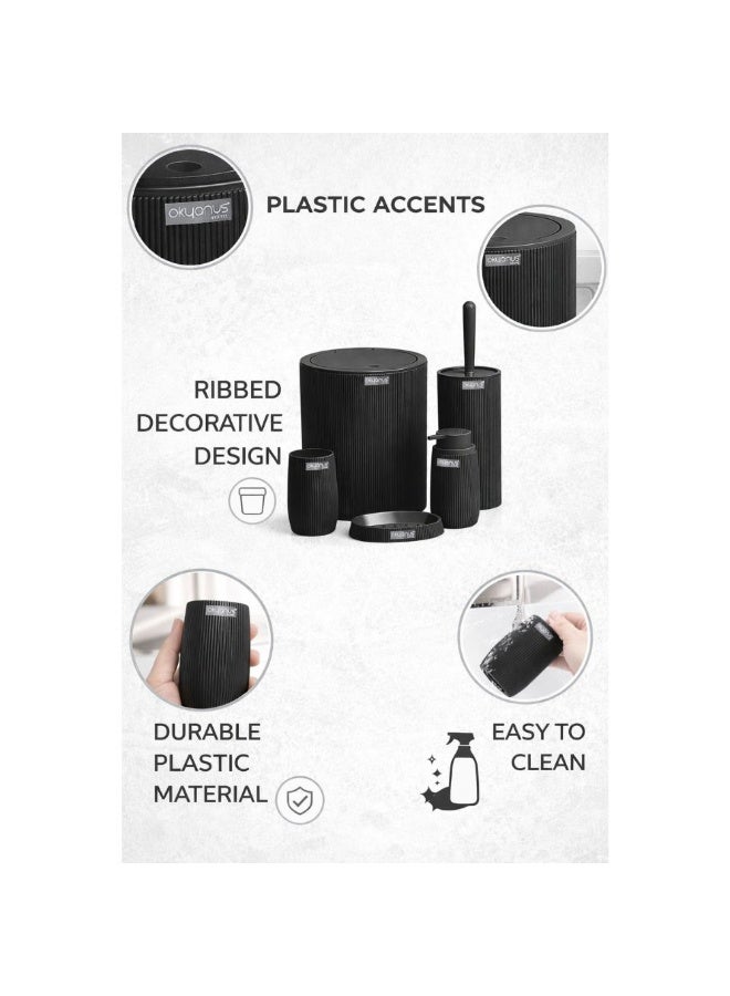 Okyanus Bella 5-Piece Bathroom Accessories Set – Modern Ribbed Design with Plastic Accents – Durable Easy-Clean Bathroom Set with Trash Can, Soap Dispensers & Toilet Brush (Black) - Image 3