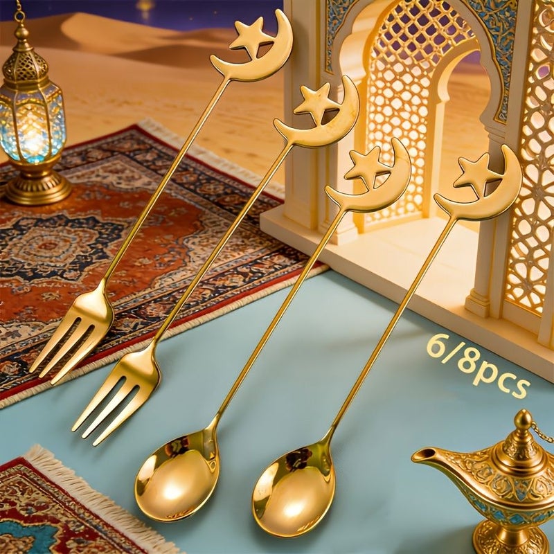 مجموعة ملاعق رمضان المكونة من 6 قطع على شكل نجمة وهلال من الفولاذ المقاوم للصدأ باللون الذهبي تشمل ملاعق الحلوى وشوك الفواكه وملاعق القهوة وملاعق الخلط للاستخدام في المنزل والمطعم والفندق وحفلات عيد الحب - Image 1