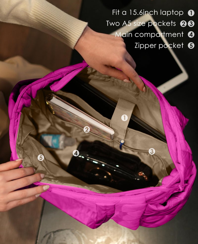 Uselike Tote Bag for Women, Lightweight Puffer Tote Work Bags with Compartments for Travel, Quilted Shoulder Bag with Zipper (Raspberry Pink) - Image 4