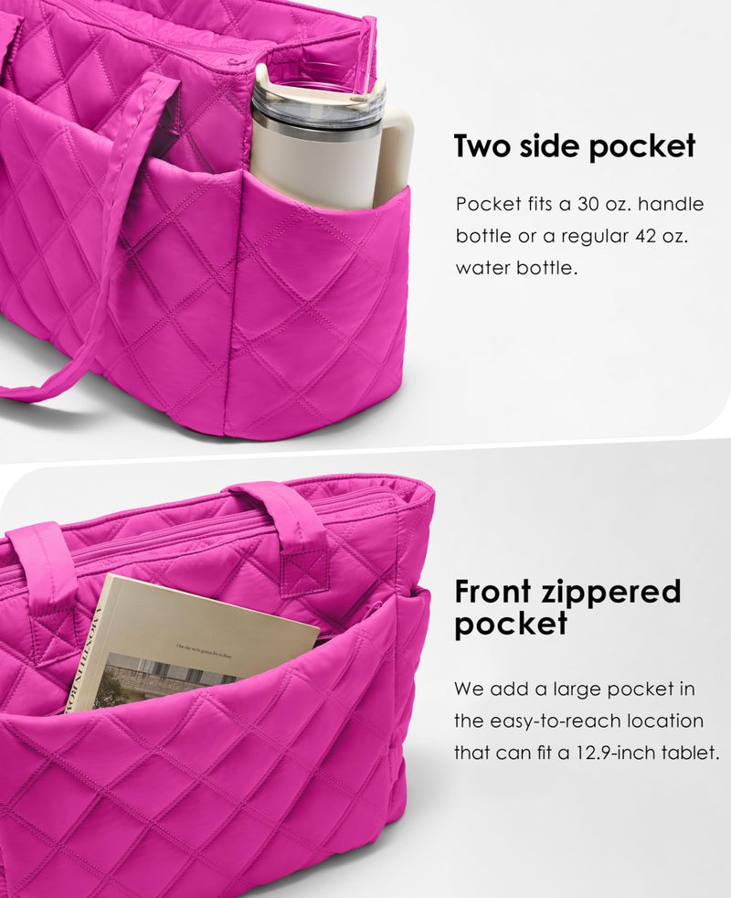 Uselike Tote Bag for Women, Lightweight Puffer Tote Work Bags with Compartments for Travel, Quilted Shoulder Bag with Zipper (Raspberry Pink) - Image 3