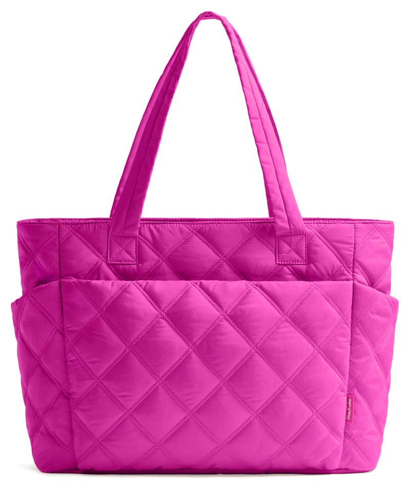 Uselike Tote Bag for Women, Lightweight Puffer Tote Work Bags with Compartments for Travel, Quilted Shoulder Bag with Zipper (Raspberry Pink) - Image 1