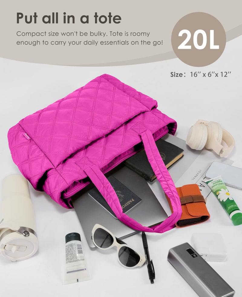 Uselike Tote Bag for Women, Lightweight Puffer Tote Work Bags with Compartments for Travel, Quilted Shoulder Bag with Zipper (Raspberry Pink) - Image 5