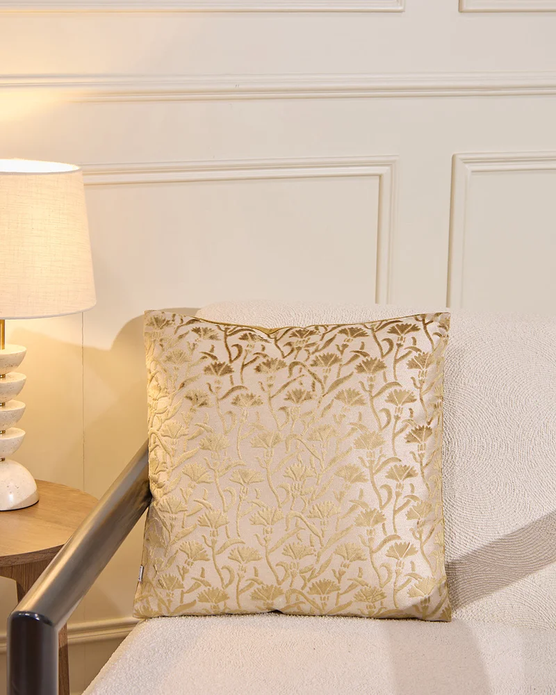 REDTAG Beige Velvet Floral Jacquard Cushion
