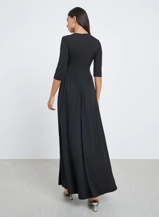 Styli Styli Black A-Line Midi Dress with 3/4 Sleeves