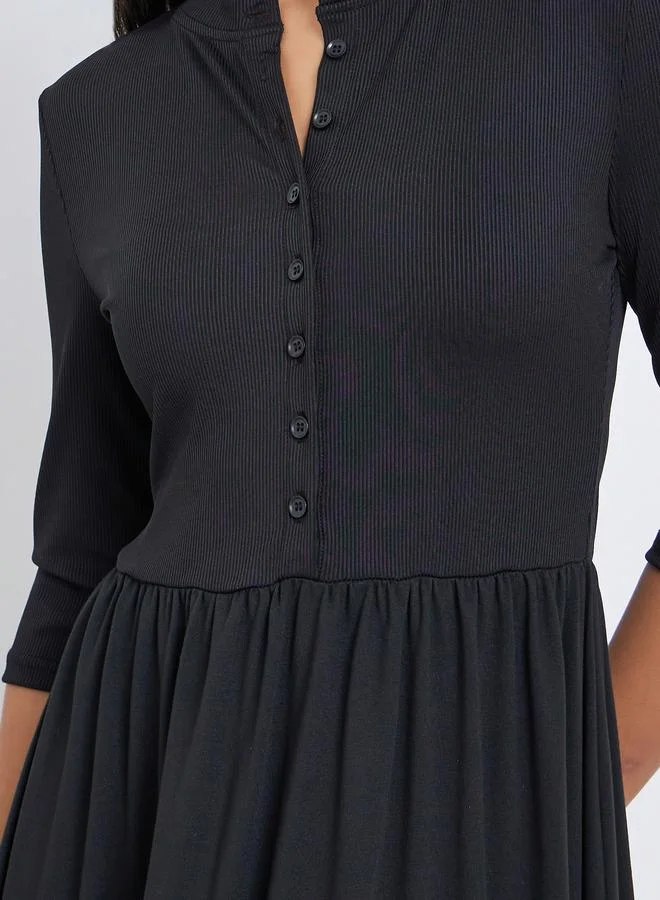 Styli Styli Black A-Line Midi Dress with 3/4 Sleeves
