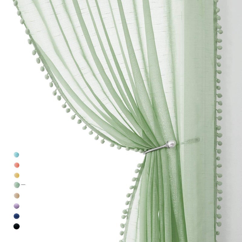 Treatmentex PomPom Sheer Curtains for LivingRoom Sage Green 84inch Slub Linen Textured Forest Sage Sheer Drapes for Birthday Party Dcor 52 w 2 Panels Rod Pocket