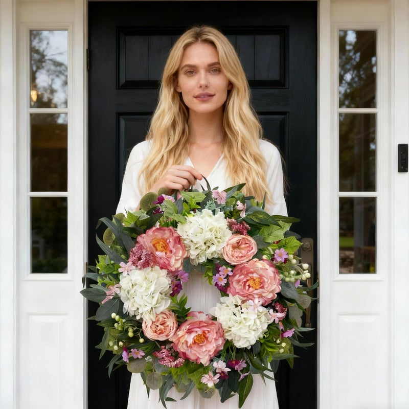 HipTree 24 Inch Spring Wreaths for Front Door,Handmade Silk Pink Peony and White Hydrangeas Floral Wreath for Mothers Day,Summer,Wedding,Valentines Day Decorations,Indoor Outdoor and Wall Decor - Image 3