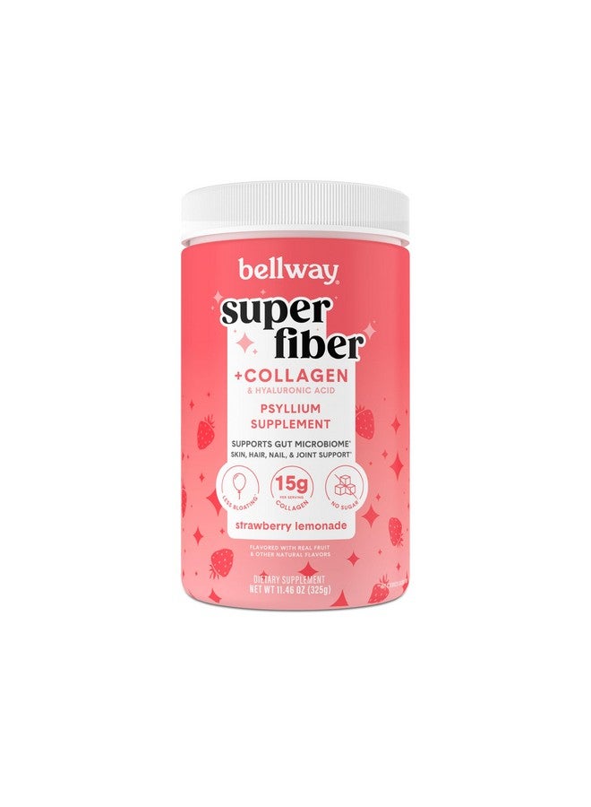 Bellway Super Fiber Powder + Collagen, Sugar-Free Psyllium Husk Powder with Collagen Peptides and Hyaluronic Acid for Gut Health, Healthy Skin, Nails, Bones & Joints, Strawberry Lemonade (11.46 oz)