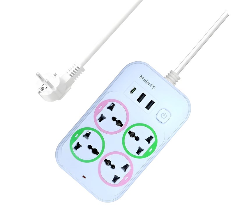 Aqplus Extension Board Power Strip 20W Fast 1Type C 2500W 10A Extension Cord with 2USB Fast Charging Ports 4Pin Socket for Home Office Model F5 Power Strip 4 Outlets Indicator Lights White  - Image 1