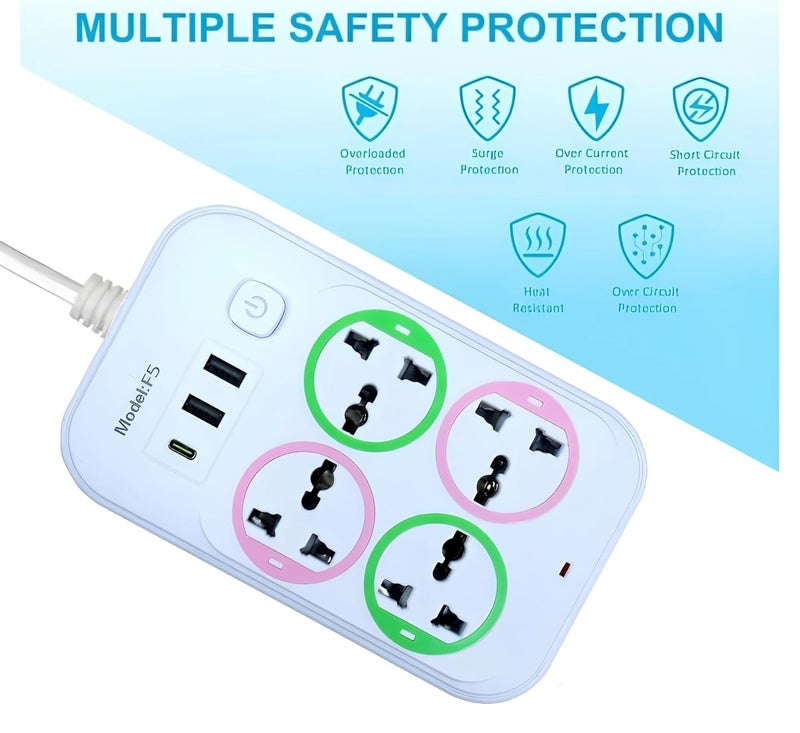 Aqplus Extension Board Power Strip 20W Fast 1Type C 2500W 10A Extension Cord with 2USB Fast Charging Ports 4Pin Socket for Home Office Model F5 Power Strip 4 Outlets Indicator Lights White  - Image 2