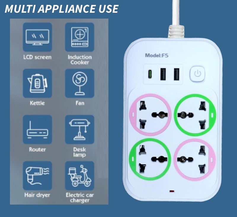 Aqplus Extension Board Power Strip 20W Fast 1Type C 2500W 10A Extension Cord with 2USB Fast Charging Ports 4Pin Socket for Home Office Model F5 Power Strip 4 Outlets Indicator Lights White  - Image 4