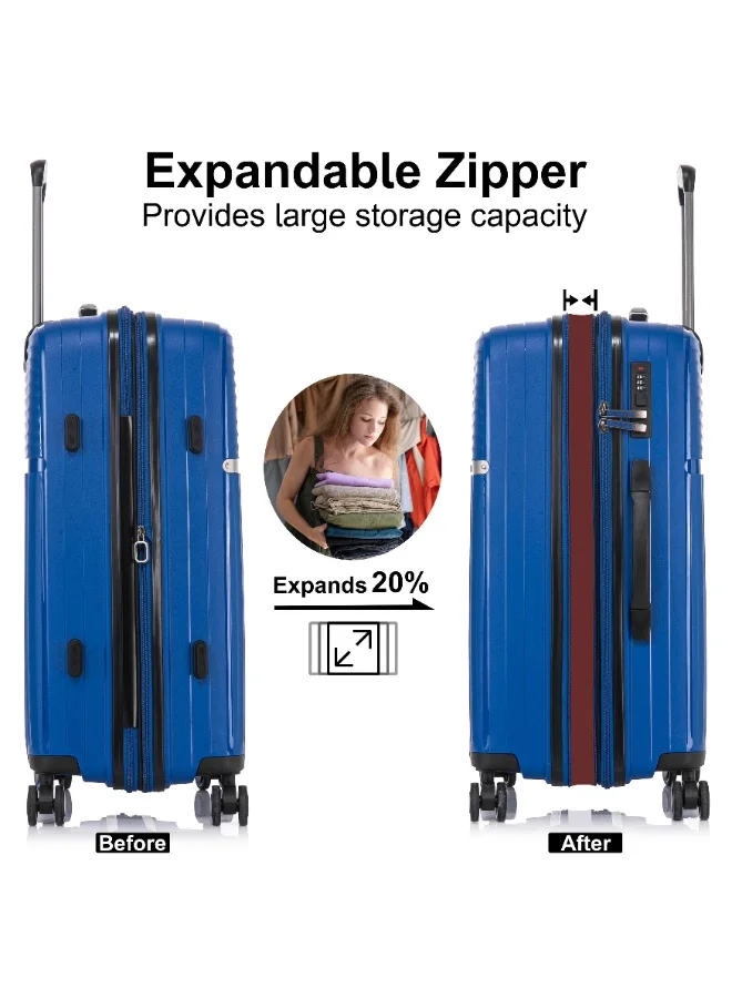 CABINPRO Light Weight PP Fashion Trolley Luggage Expandable Hard Case Carry on Suitcase with Safe Zipper and 4 Quite 360° Double Spinner Wheels CP002 Sapphire Blue