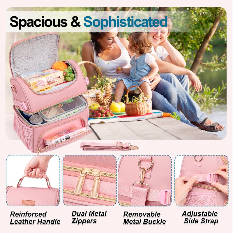 Romenrita Lunch Bags for Women, Dual Compartment Lunch Box Lunch Bag for Work, Leakproof Lunch Cooler Large Insulated Lunchbox for Adult for Women Men, Lunchbag for Picnic Beach (Pink) - Image 4