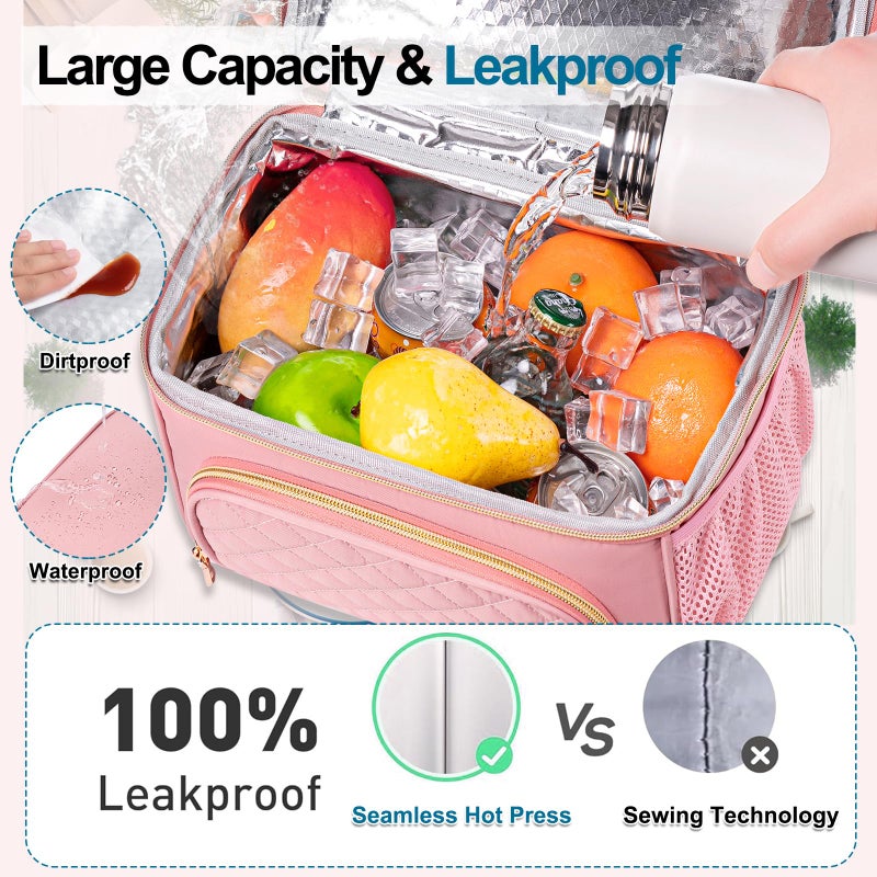 Romenrita Lunch Bags for Women, Dual Compartment Lunch Box Lunch Bag for Work, Leakproof Lunch Cooler Large Insulated Lunchbox for Adult for Women Men, Lunchbag for Picnic Beach (Pink) - Image 5