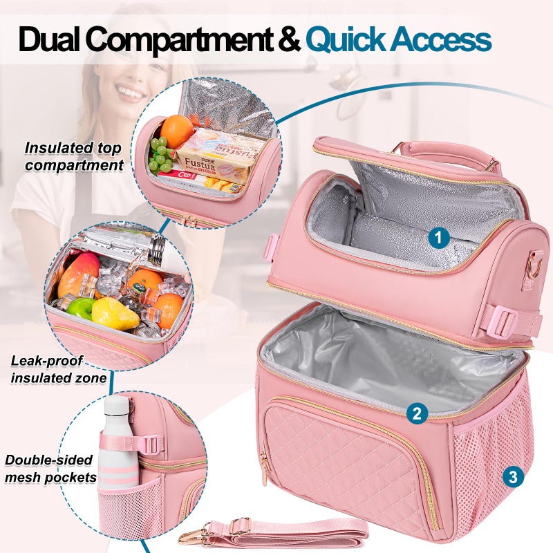 Romenrita Lunch Bags for Women, Dual Compartment Lunch Box Lunch Bag for Work, Leakproof Lunch Cooler Large Insulated Lunchbox for Adult for Women Men, Lunchbag for Picnic Beach (Pink) - Image 2