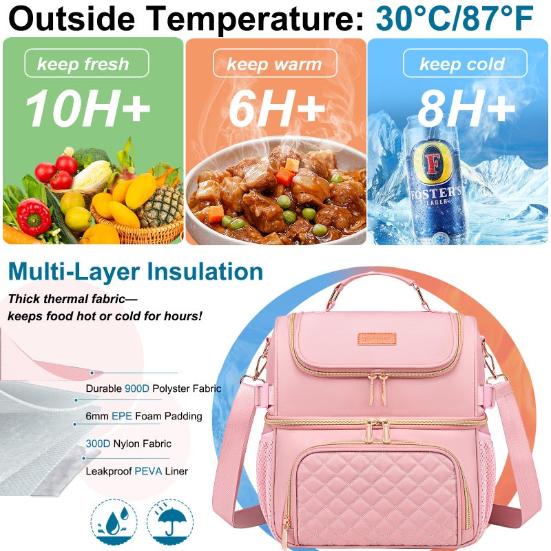 Romenrita Lunch Bags for Women, Dual Compartment Lunch Box Lunch Bag for Work, Leakproof Lunch Cooler Large Insulated Lunchbox for Adult for Women Men, Lunchbag for Picnic Beach (Pink) - Image 3