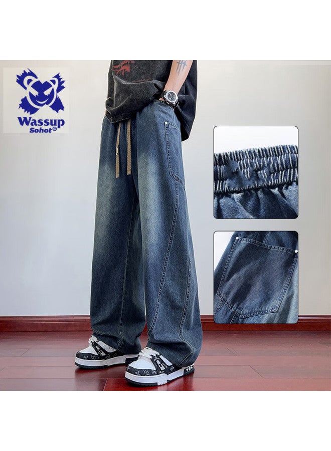 Wassup Sohot Men's Denim Jeans Autumn High Street Loose Straight American Trendy Plus Size Casual Pants Gray Blue 3XL - Image 1