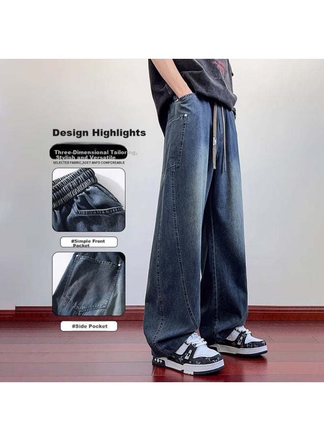 Wassup Sohot Men's Denim Jeans Autumn High Street Loose Straight American Trendy Plus Size Casual Pants Gray Blue 3XL - Image 3