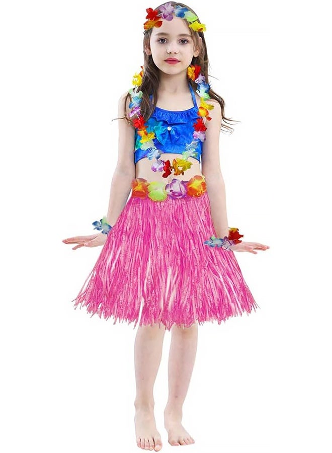 Girl's Elastic Hawaiian Hula Dancer Grass Skirt with Flower Costume Set -Pink - Image 3