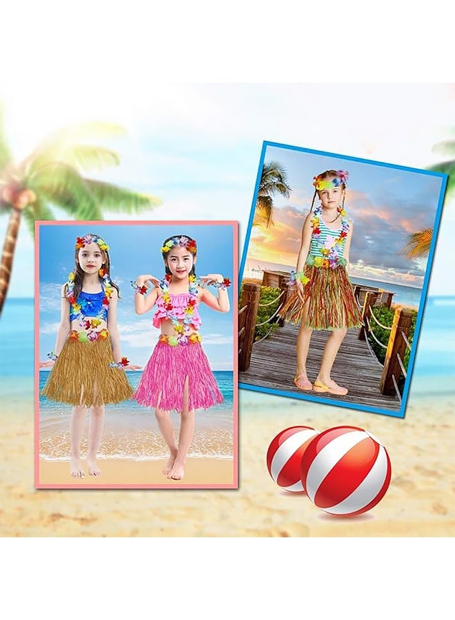 Girl's Elastic Hawaiian Hula Dancer Grass Skirt with Flower Costume Set -Pink - Image 5