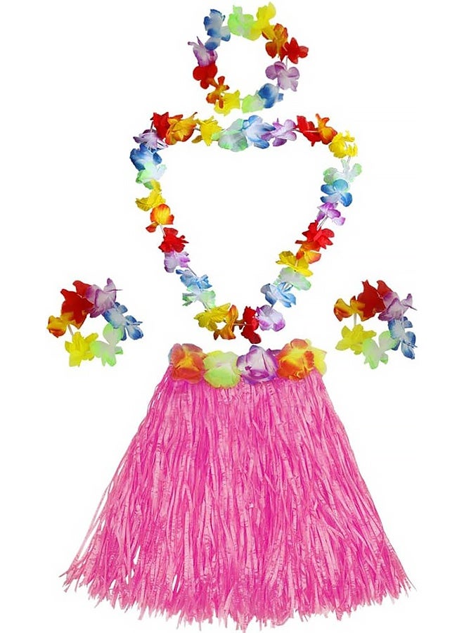Girl's Elastic Hawaiian Hula Dancer Grass Skirt with Flower Costume Set -Pink - Image 1