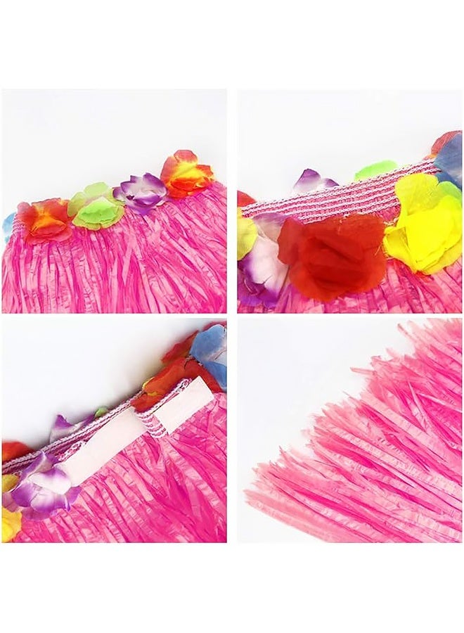 Girl's Elastic Hawaiian Hula Dancer Grass Skirt with Flower Costume Set -Pink - Image 4