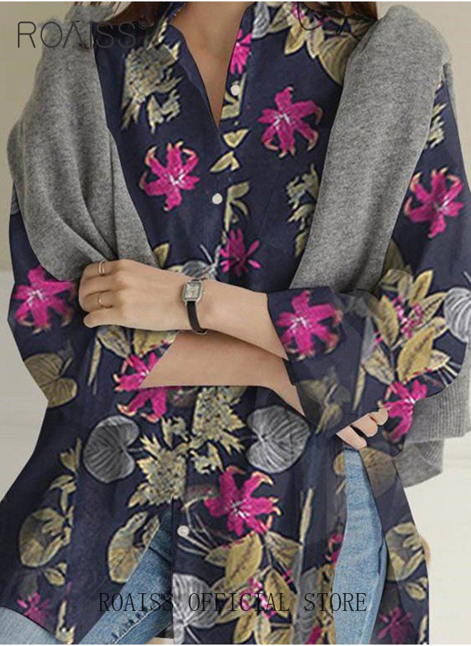 roaiss Ladies Stylish Lapel Shirt for Daily Commute - Single-Breasted Long Sleeve Top with Simple Design and Loose Fit Featuring a Beautiful Floral Pattern  - Image 2