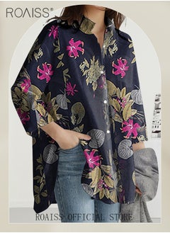 roaiss Ladies Stylish Lapel Shirt for Daily Commute - Single-Breasted Long Sleeve Top with Simple Design and Loose Fit Featuring a Beautiful Floral Pattern  - Image 3