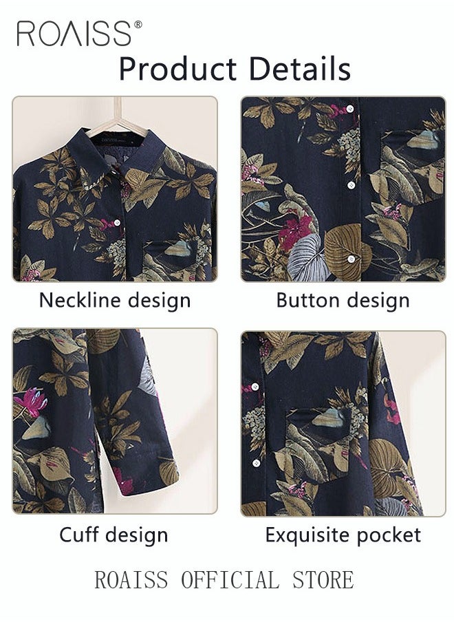 roaiss - Ladies Stylish Lapel Shirt for Daily Commute - Single-Breasted Long Sleeve Top with Simple Design and Loose Fit Featuring a Beautiful Floral Pattern - Image 1