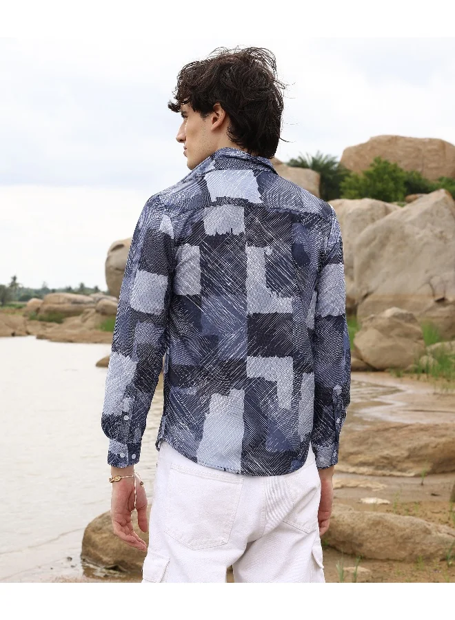 CAHOOT  Men's Navy Blue Abstract Block Shirt For Casual Wear | Spread Collar | Long Sleeve | Button Closure | Shirt Crafted With Comfort Fit For Everyday Wear for Men | Best Price UAE