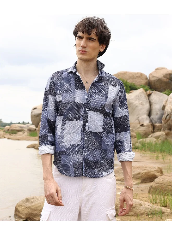 CAHOOT  Men's Navy Blue Abstract Block Shirt For Casual Wear | Spread Collar | Long Sleeve | Button Closure | Shirt Crafted With Comfort Fit For Everyday Wear for Men | Best Price UAE