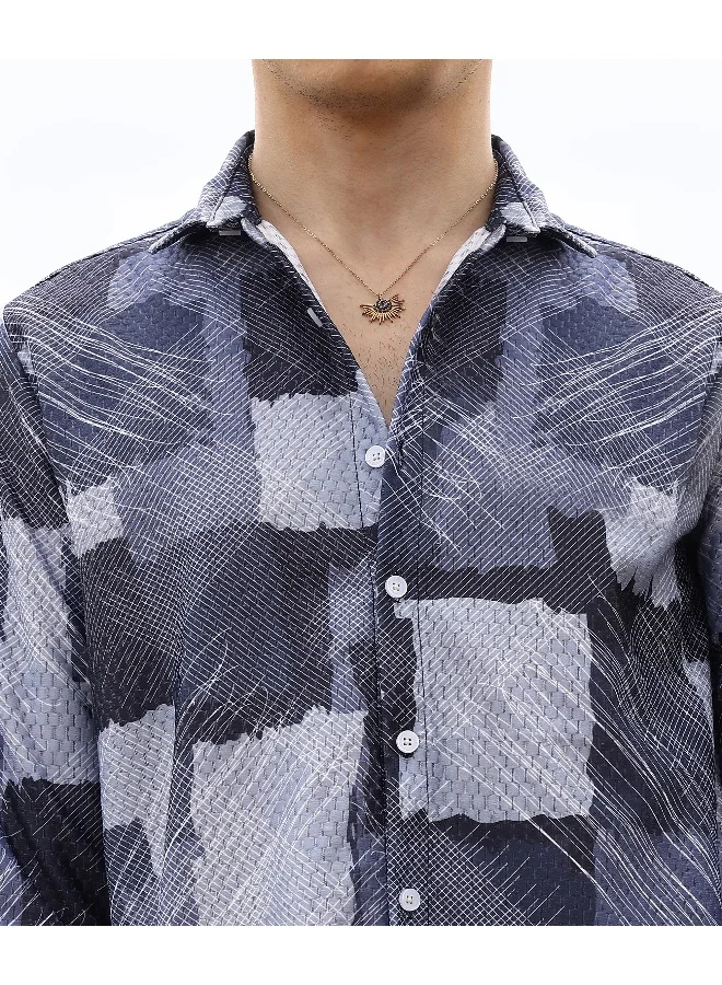 Men's Navy Blue Abstract Block Shirt For Casual Wear | Spread Collar | Long Sleeve | Button Closure | Shirt Crafted With Comfort Fit For Everyday Wear