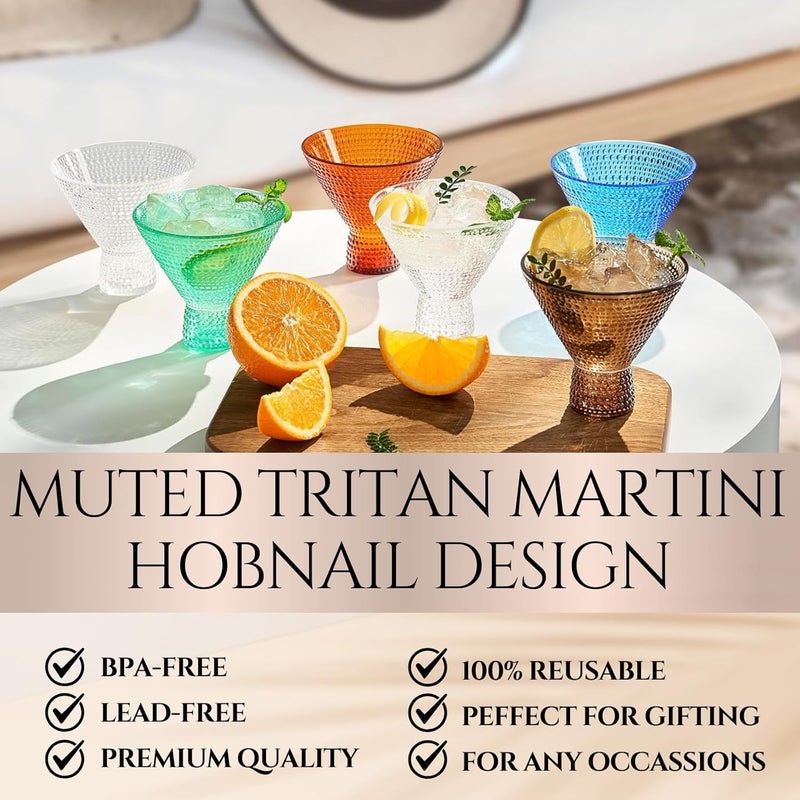 Khen Classic Reusable Plastic Martini Drinking Glasses Hobnail Design Shatterproof  6 Set  Color Tritan Acrylic Unbreakable Beaded Cups Dishwasher Safe 9oz Kitchen Cups BPAfree Indoor Outdoor  - Image 2