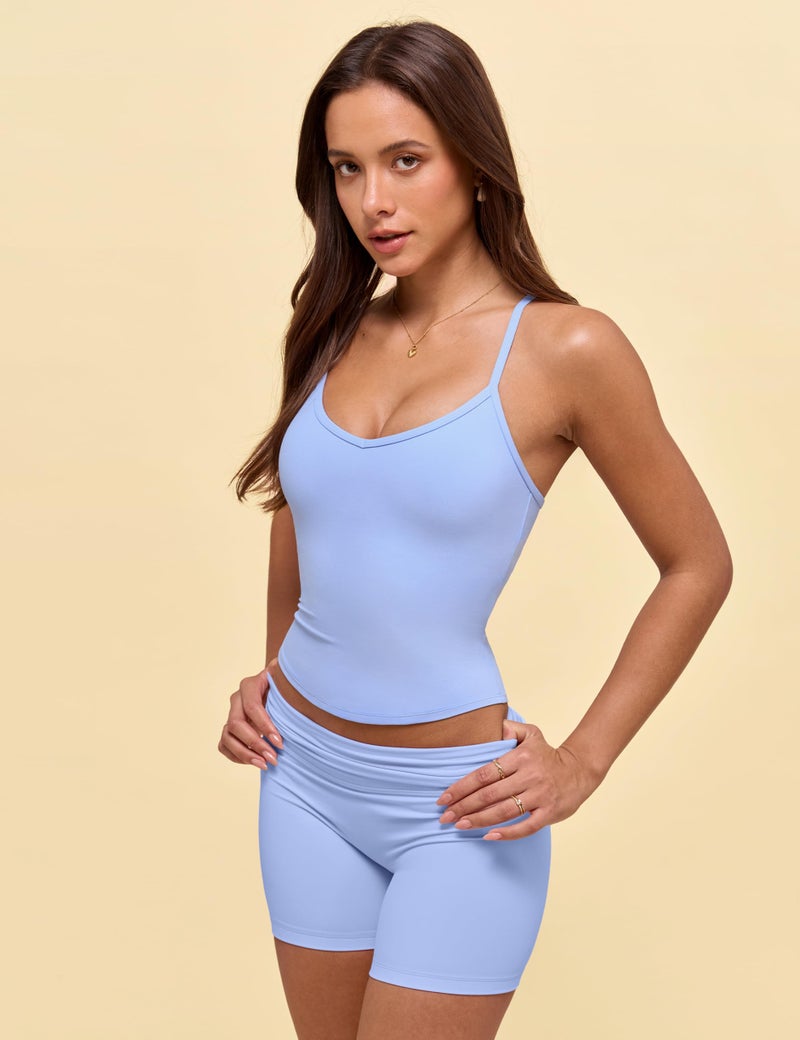 INGIA Womens Deep V Neck Tank Top with Built-in Bra Strappy Low Y Back Fitted Crop Workout Pilates Tank Shirt Milk Blue Medium - Image 3
